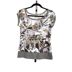 Liz & Co. Tee Shirt Beige, Gray, Lavender, White Print S